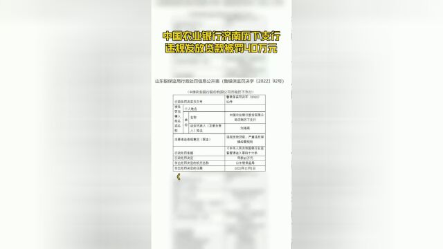 中国农业银行济南历下支行违规发放贷款被罚40万元