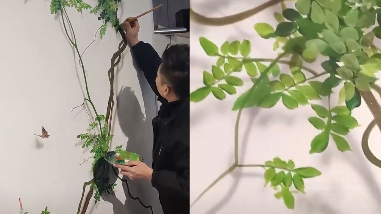 男子用3年自学裸眼3D墙绘,所画植物栩栩如生,仿佛见到了实物