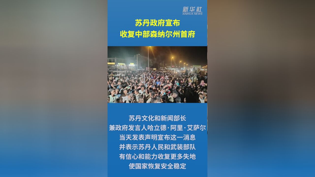 苏丹政府宣布收复中部森纳尔州首府