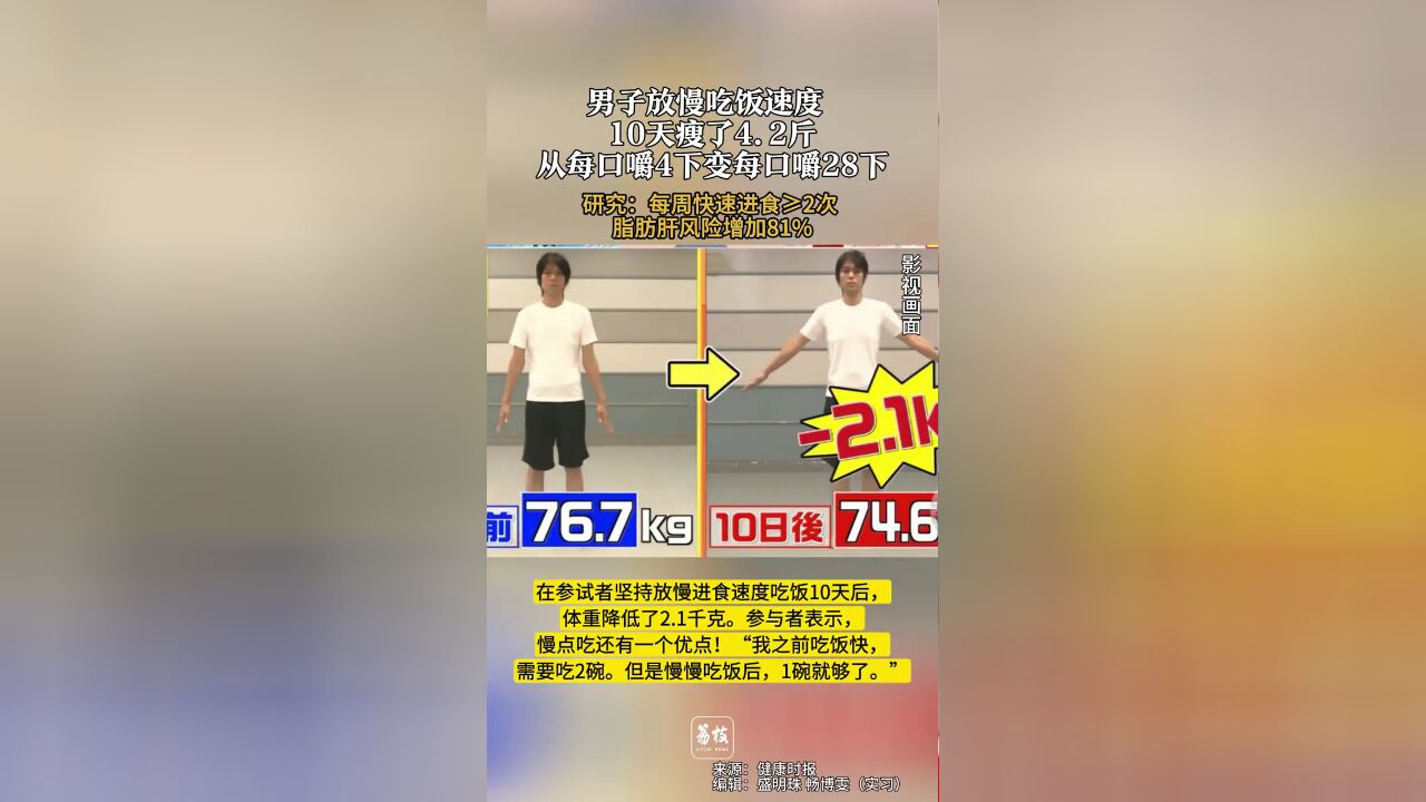 男子放慢吃饭速度 10天瘦了4.2斤 从每口嚼4下变嚼28下