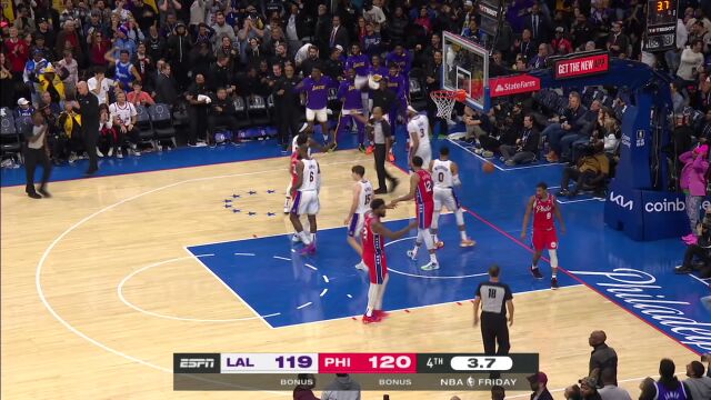 湖人122-133费城 登帝组合加时赛火力全开击败湖人