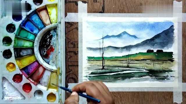 初学者可学的水彩绘画视频,绘制山水风景