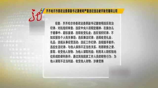 齐齐哈尔市委政法委原副书记夏继明严重违纪违法被开除党籍和公职