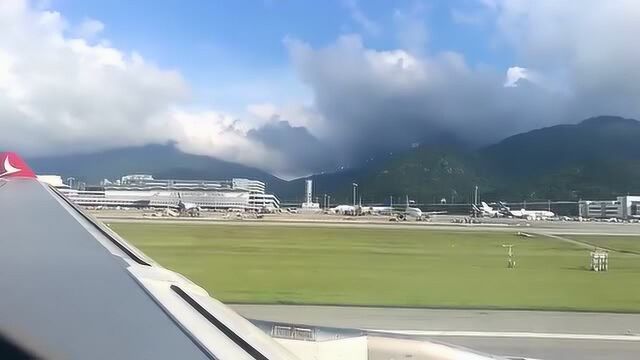 客舱第一视角!国泰港龙航空KA729滑行起飞,香港赤鱲角机场