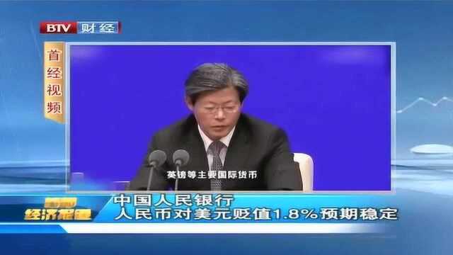 中国人民银行 人民币对美元贬值1.8%预期稳定