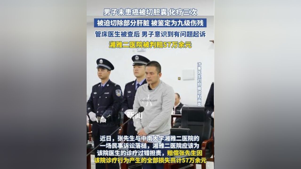 男子未患癌被切胆囊 化疗三次,被迫切除部分肝脏 被鉴定为九级伤残,管床医生被查后 男子意识到有问题起诉,湘雅二医院被判赔57万余元