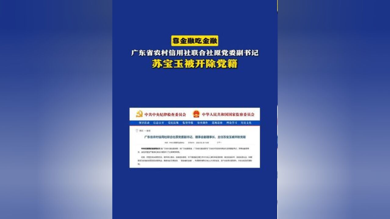 靠金融吃金融!广东省农村信用社联合社原党委副书记苏宝玉被开除党籍(来源:中央纪委国家监委网站 制作:胡桅可 统筹编辑:李劼)#广东 #广东省农村...