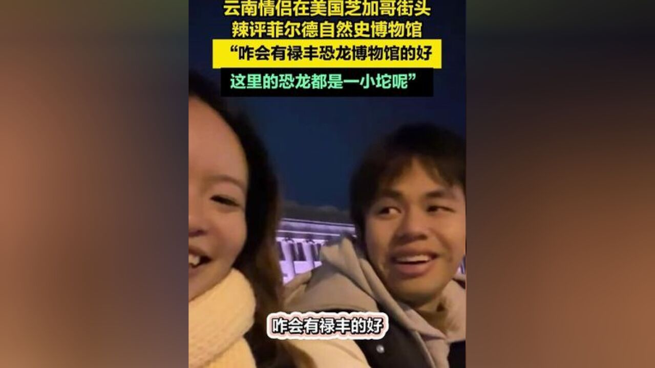 云南情侣在美国芝加哥街头辣评菲尔德自然史博物馆,“咋会有禄丰恐龙博物馆的好,这里的恐龙都是一小坨呢”