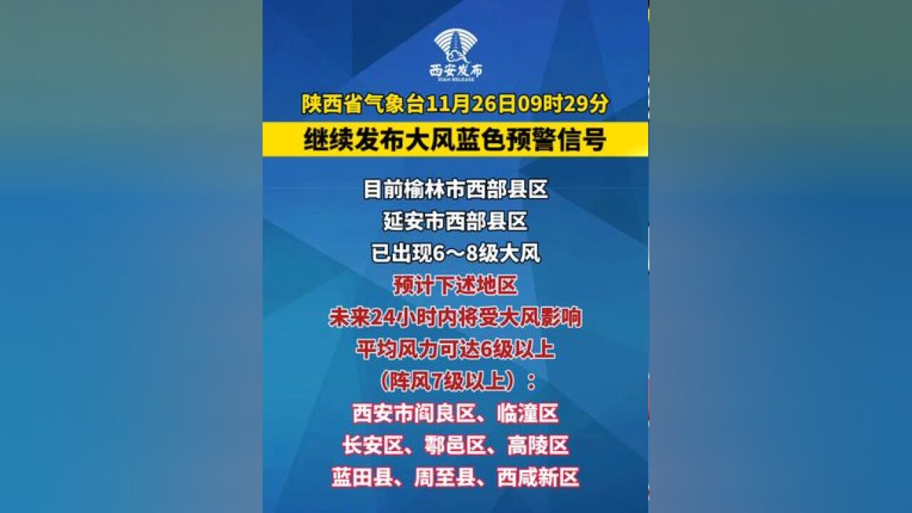 陕西省气象台11月26日09时29分继续发布大风蓝色预警信号