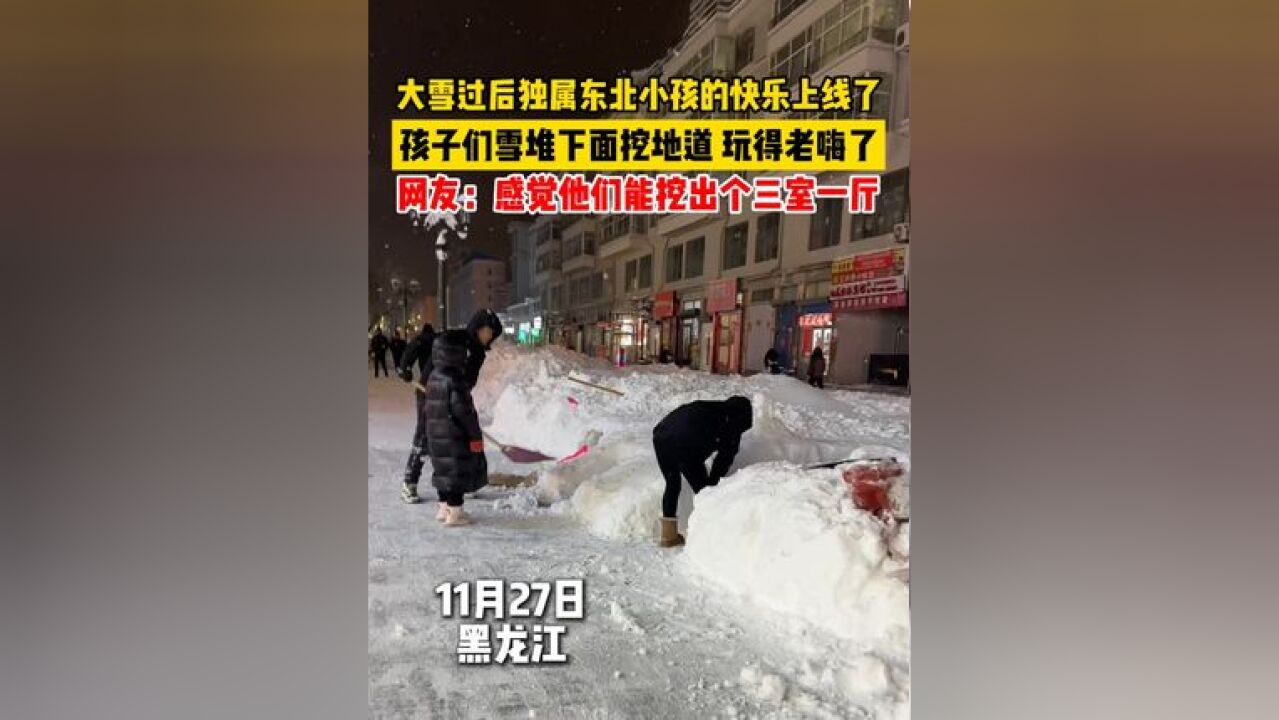 11月27日黑龙江,大雪过后独属东北小孩的快乐上线了,孩子们雪堆下面挖地道,玩得老嗨了!网友:感觉他们能挖出个三室一厅