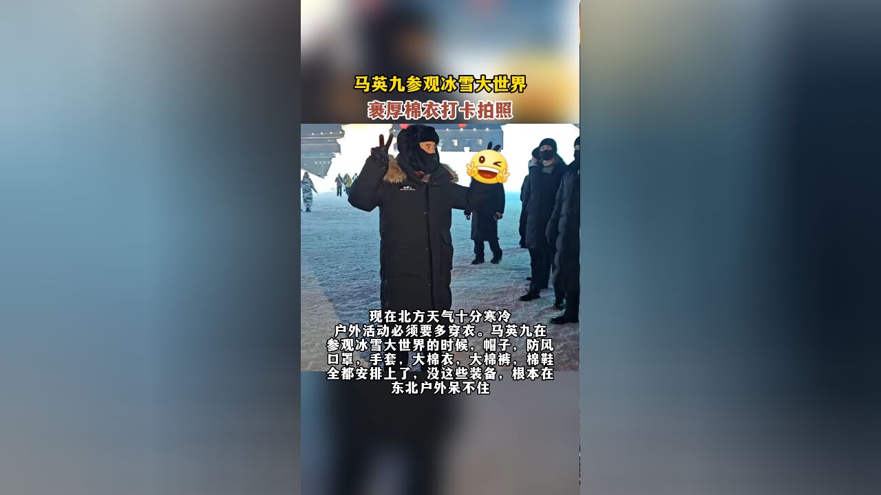 马英九参观冰雪大世界,裹厚棉衣打卡拍照