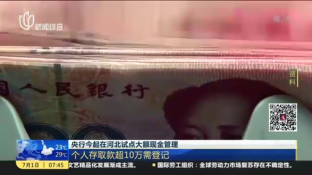 央行今起在河北试点大额现金管理:个人存取款超10万需登记