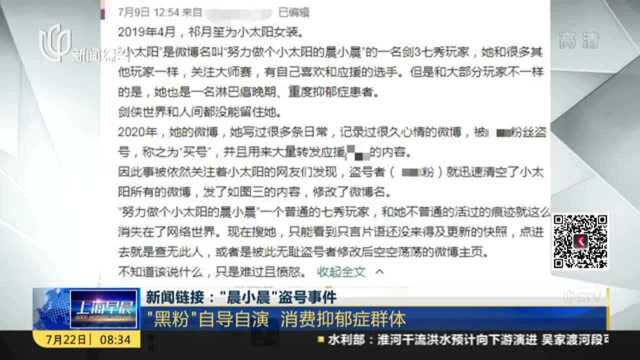 新闻链接:“晨小晨”盗号事件——“黑粉”自导自演 消费抑郁症群体