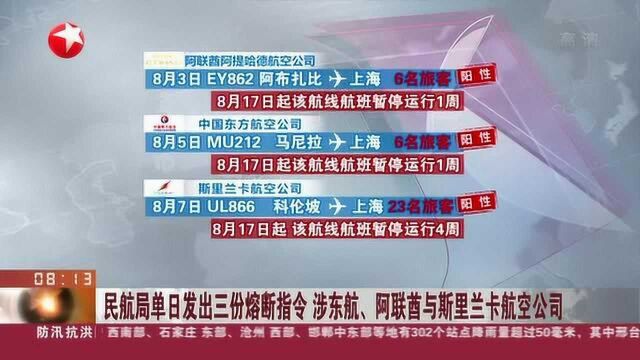 民航局单日发出三份熔断指令 涉东航、阿联酋与斯里兰卡航空公司