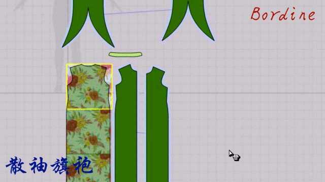 散袖旗袍缝纫线的连接与颜色面料花纹的添加