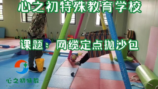 发育迟缓孩子家庭感统训练小课题:网缆定点抛沙包目标:在摇晃的网缆上向桶内抛沙包,训练专注力,双手以及平衡能力等来源:心之初特殊教育学校(...