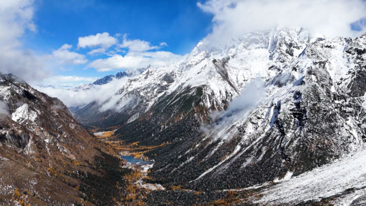 油画质感!四川阿坝毕棚沟现半山彩林半山雪