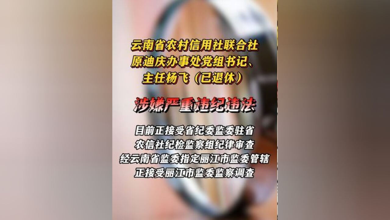 云南省农村信用社联合社原迪庆办事处党组书记、主任杨飞(已退休)接受审查调查