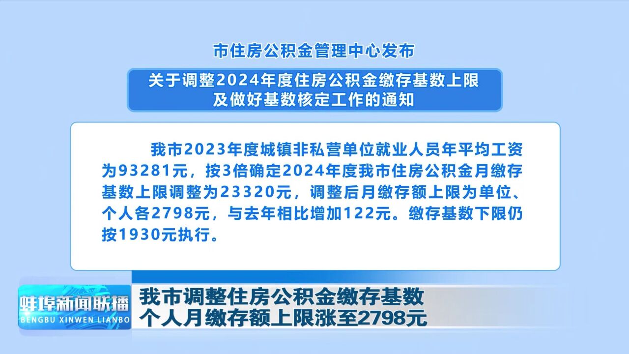 蚌埠市调整住房公积金缴存基数 个人月缴存额上限涨至2798元