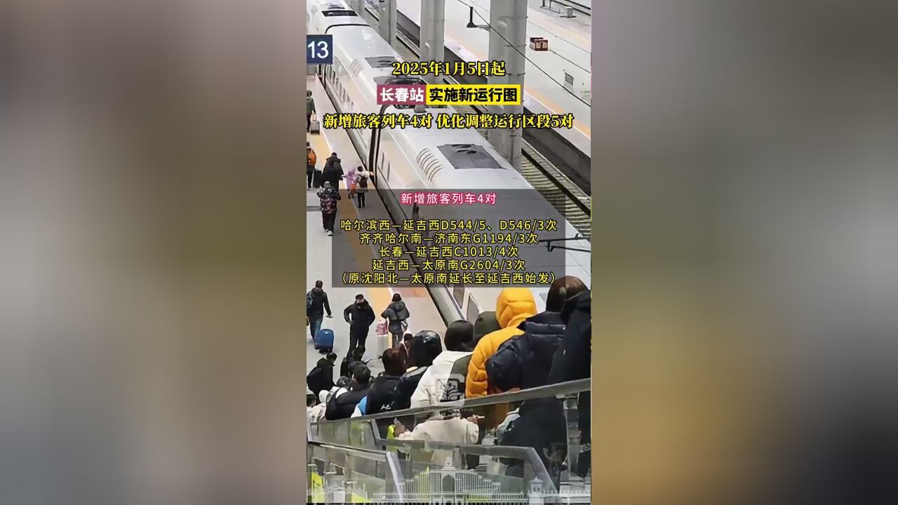 2025年1月5日起,长春站实施新运行图,新增旅客列车4对 优化调整运行区段5对