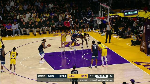 NBA季前赛：森林狼vs湖人第1节英文解说回放