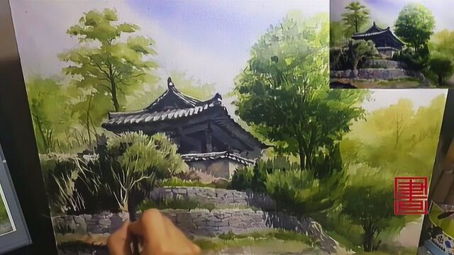 水彩风景画欣赏:石墙 庭院一角