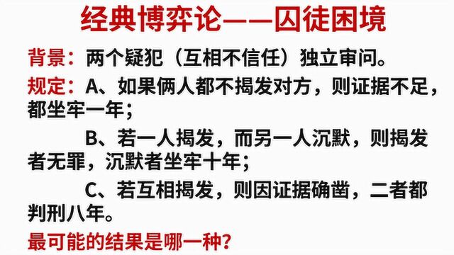 经典博弈论,囚徒困境,两个人最可能的结果是哪种