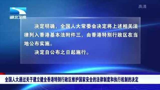 全国人大通过关于建立健全香港维护国家安全的法律制度的决定