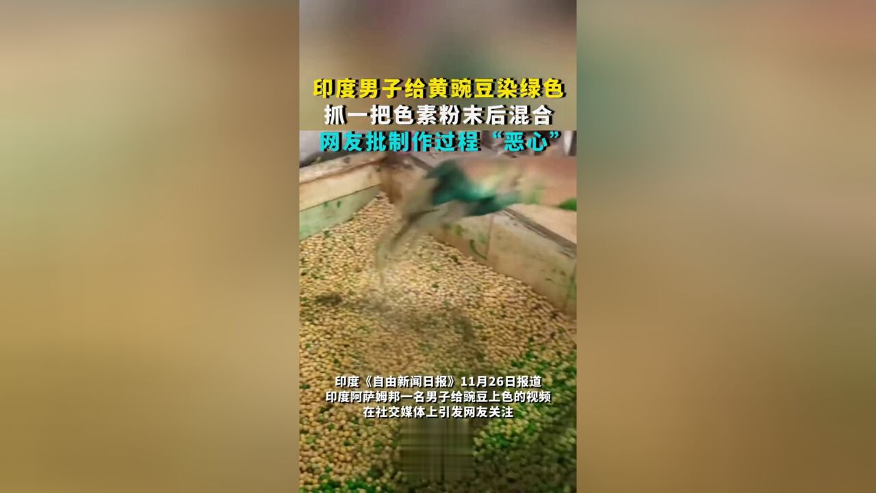 印度男子给黄豌豆染绿色:抓一把色素粉末后混合