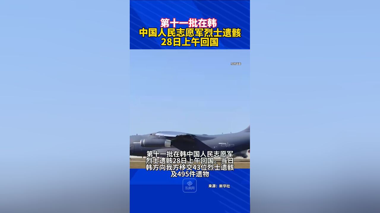 第十一批在韩中国人民志愿军烈士遗骸28日上午回国.当日,韩方向我方移交43位烈士遗骸及495件遗物