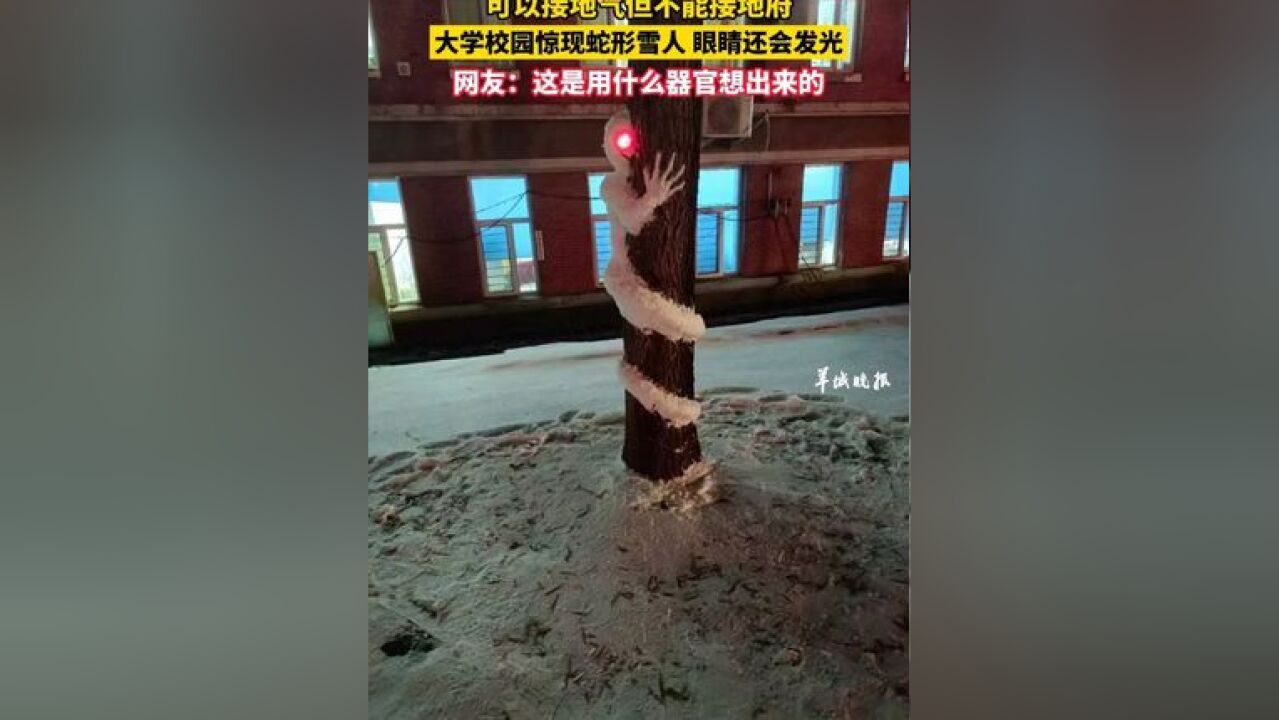 可以接地气但不能接地府,大学校园惊现蛇形雪人,眼睛还会发光,网友:这是用什么器官想出来的