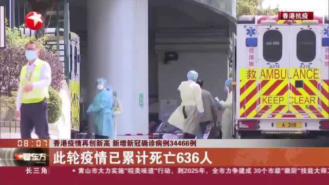 香港疫情再创新高 新增新冠确诊病例34466例:此轮疫情已累计死亡636人