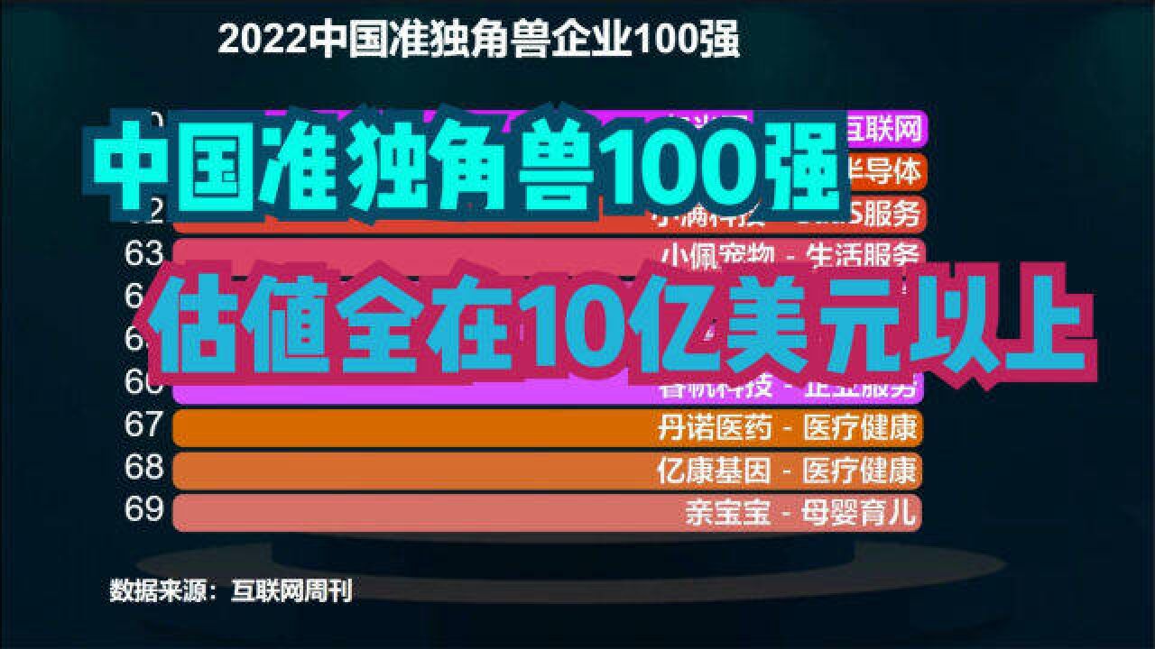 2022中国准独角兽企业100强出炉!估值都在10亿美金以上