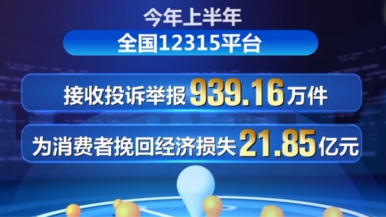 上半年全国12315平台为消费者挽回经济损失21.85亿元