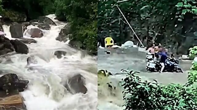 广西上林突发山洪,十几秒洪水填满山谷,游客还想抢救电动车急坏村民