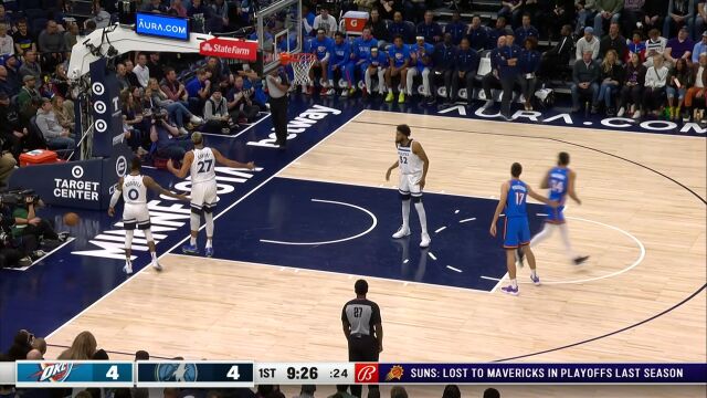 NBA常规赛：雷霆vs森林狼第1节英文原声回放