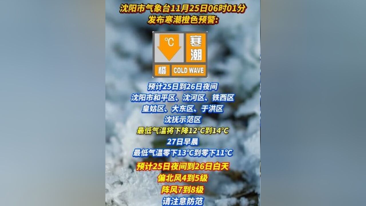 东北局地的雪要下到“发紫” 沈阳市气象台发布寒潮橙色预警:25日到26日夜间,市区最低气温将下降12℃到14℃