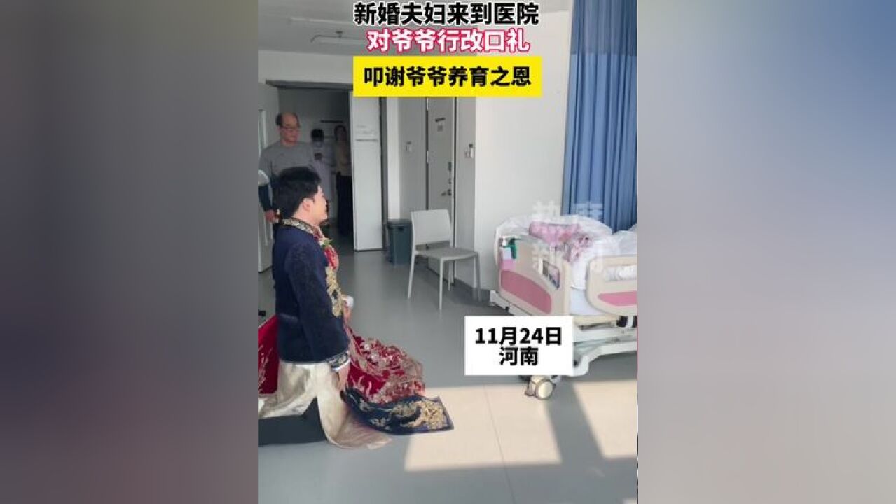 新婚夫妇来到医院,对爷爷行改口礼,叩谢爷爷养育之恩