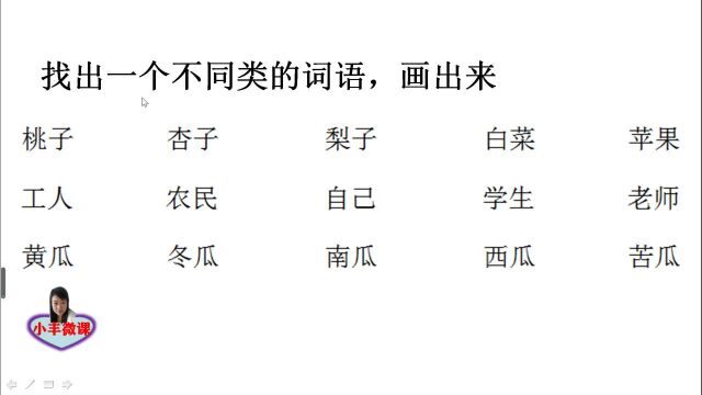 一年级考试题:找出一个不同类的词语,画出来