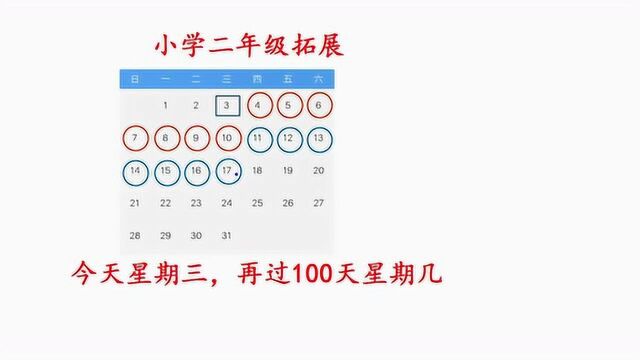 二年级思维训练:今天是星期三,再过100天是星期几?