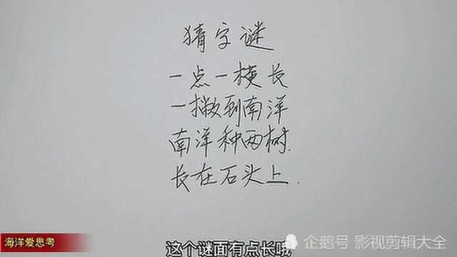 猜字谜:一点一横长,一撇到南洋,南洋种两树,长在石头上(打一字)!