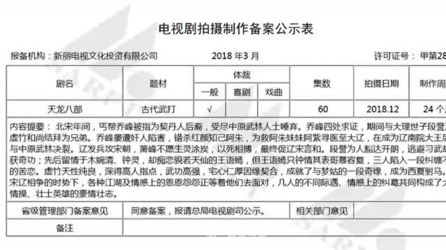 电视剧备案表公布,确认《天龙八部》将第6次被翻拍主角待定