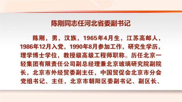 陈刚同志任河北省委副书记 廉毅敏同志任河北省委常委