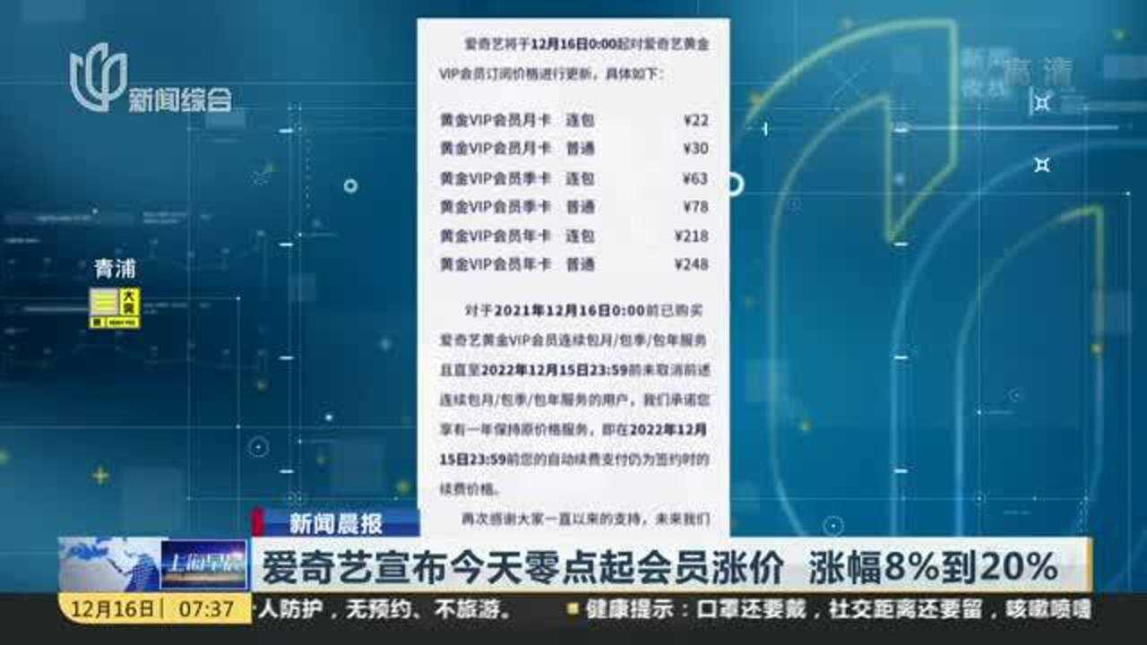 爱奇艺宣布今天零点起会员涨价 涨幅8%到20%