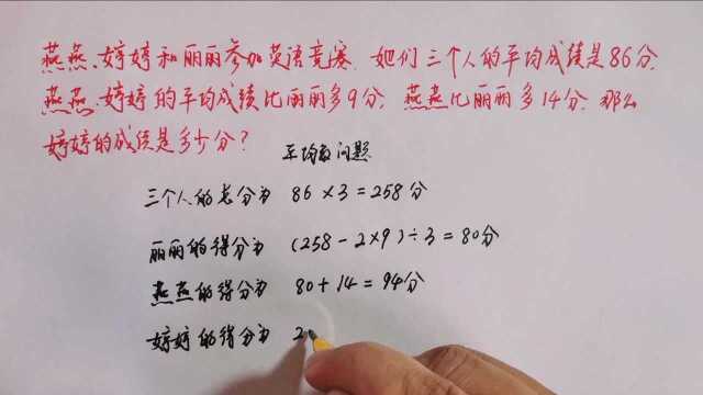 燕燕、婷婷和丽丽三个人的平均成绩是86分,燕燕、婷婷的平均成绩比丽丽多9分,燕燕比丽丽多14分,那么婷婷的成绩是多少分?