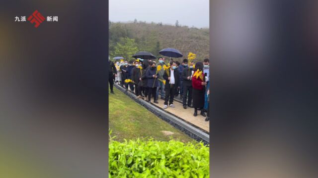 家人和市民清明节祭扫袁隆平墓:雨中献上金色稻穗