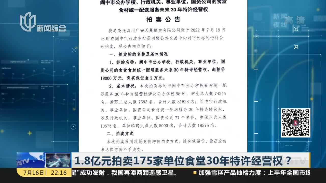 1.8亿元拍卖175家单位食堂30年特许经营权?