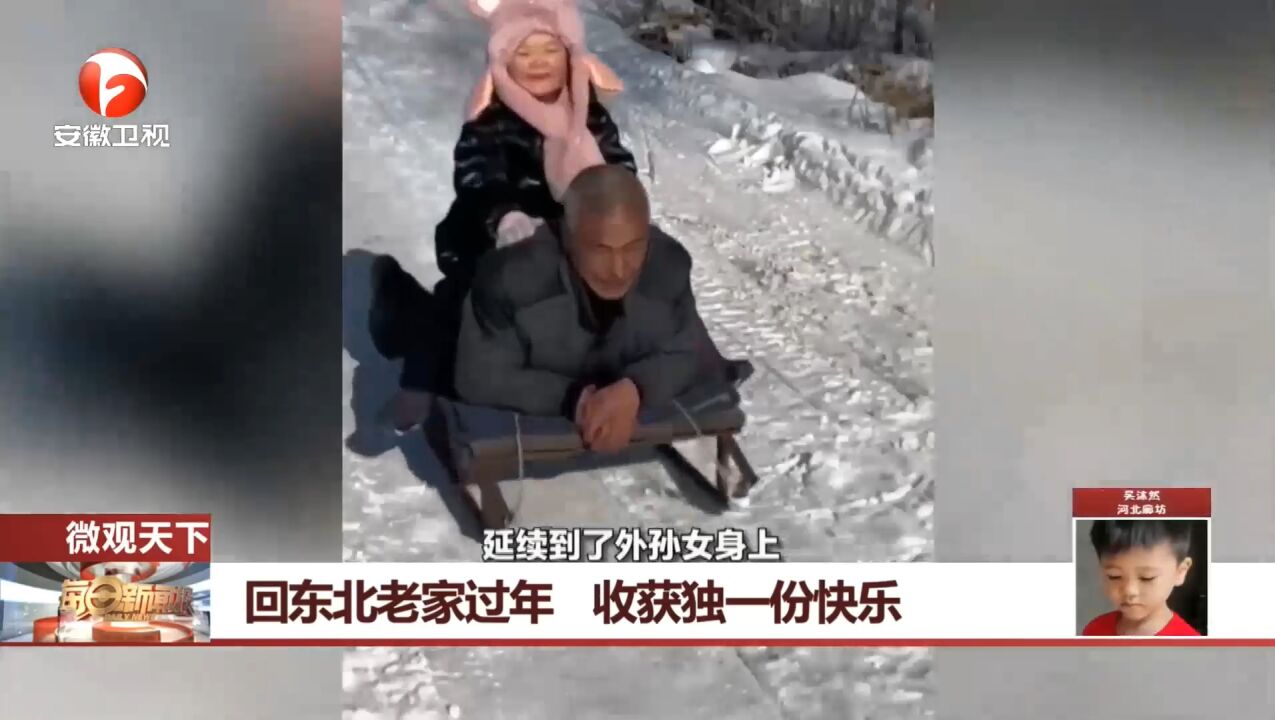 吉林:外孙女回东北老家过年,姥爷带她体验雪爬犁