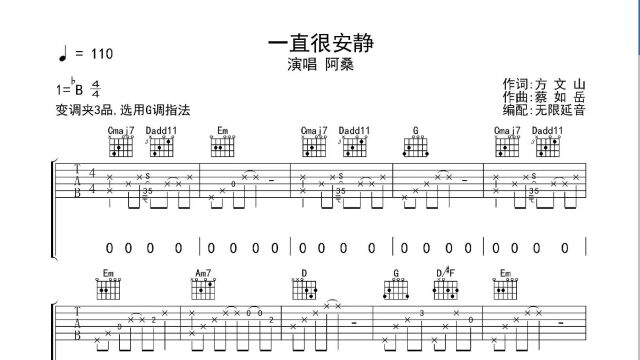 一直很安静 ,吉他谱,动态吉他谱,吉他弹唱谱,无限延音吉他