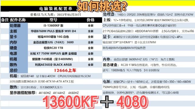 13600kf+4080电脑配置推荐,电脑装机新手小白入手推荐